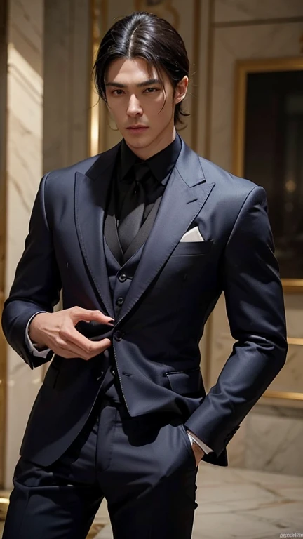 Wearing a well-tailored suit、A muscular man with dark hair and captivating purple eyes、Exudes an aura of strength and discipline.。His exquisitely defined facial features are three-dimensional and flawless.、This is accentuated by the sharp angles and smooth lines of the suit.。.。With a confident gait, He attracts attention.、His suit reflects the glow of the light particles that surround him..。This masterpiece is、High resolution, High-quality detailed images、Boasting award-winning work from leading photography masters。His suits are made from the finest materials..、Gives off a lustrous shine、Every stitch and crease looks exquisite。The man exudes passion