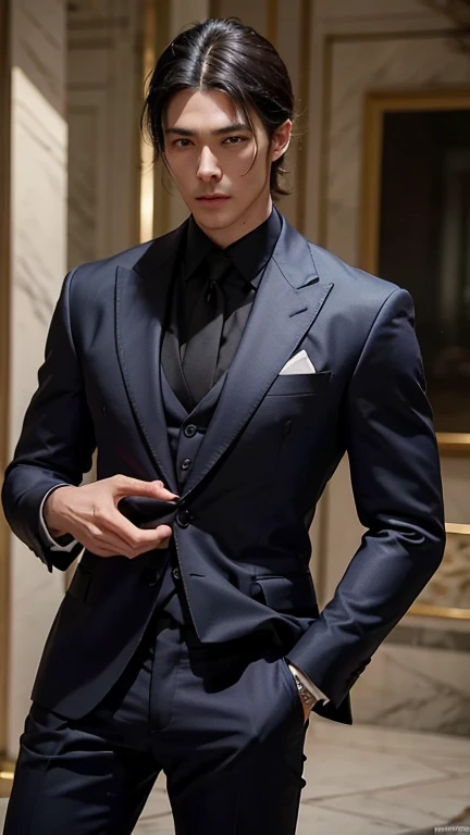 Wearing a well-tailored suit、A muscular man with dark hair and captivating purple eyes、Exudes an aura of strength and discipline.。His exquisitely defined facial features are three-dimensional and flawless.、This is accentuated by the sharp angles and smooth lines of the suit.。.。With a confident gait, He attracts attention.、His suit reflects the glow of the light particles that surround him..。This masterpiece is、High resolution, High-quality detailed images、Boasting award-winning work from leading photography masters。His suits are made from the finest materials..、Gives off a lustrous shine、Every stitch and crease looks exquisite。The man exudes passion