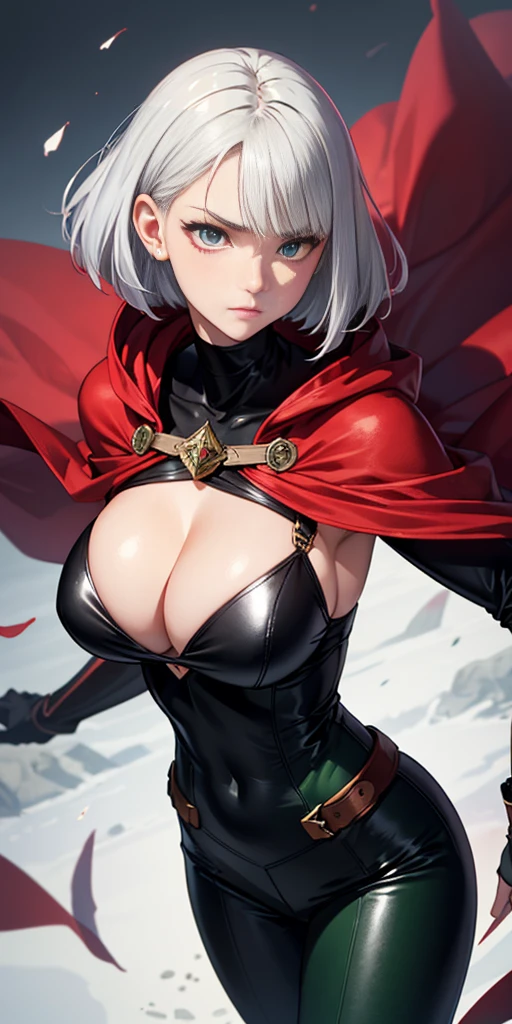 A woman with short bob haircut white silver platinum hair, choppy bangs, arched crescent eyebrows, sharp and determined eyes, a delicate oval face, a serious expression, a fantasy-style dark green military coat, draped with a dark red cloak, leather combat boots, silver greaves leggings, this character embodies a finely crafted fantasy-style female military officer in anime style, exquisite and mature manga art style, pale skin, big breast knockers cleavage