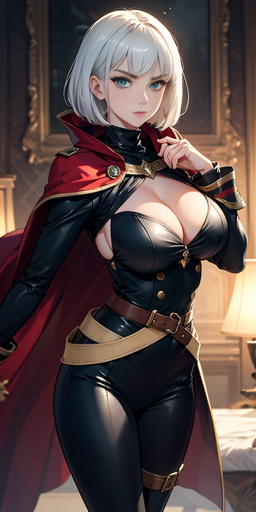 A woman with short bob haircut white silver platinum hair, choppy bangs, arched crescent eyebrows, sharp and determined eyes, a delicate oval face, a serious expression, a fantasy-style dark green military coat, draped with a dark red cloak, leather combat boots, silver greaves leggings, this character embodies a finely crafted fantasy-style female military officer in anime style, exquisite and mature manga art style, pale skin, big breast knockers cleavage