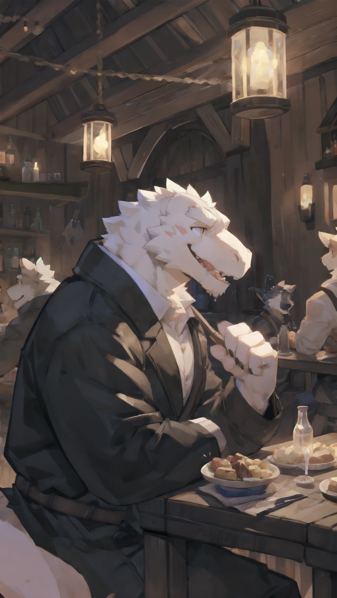 Solo, male, in tavern, by bigcozyorca, by goonie-san, by bebebebebe, by spikedmauler, facing viewer, red, black fur, tyrannosaurus, bushy tail, buff, adventurer armor, fantasy tavern background, open mouth, detailed mouth, closed mouth grin, drooling over fancy dinner, hungry expression, about to eat steak dinner.