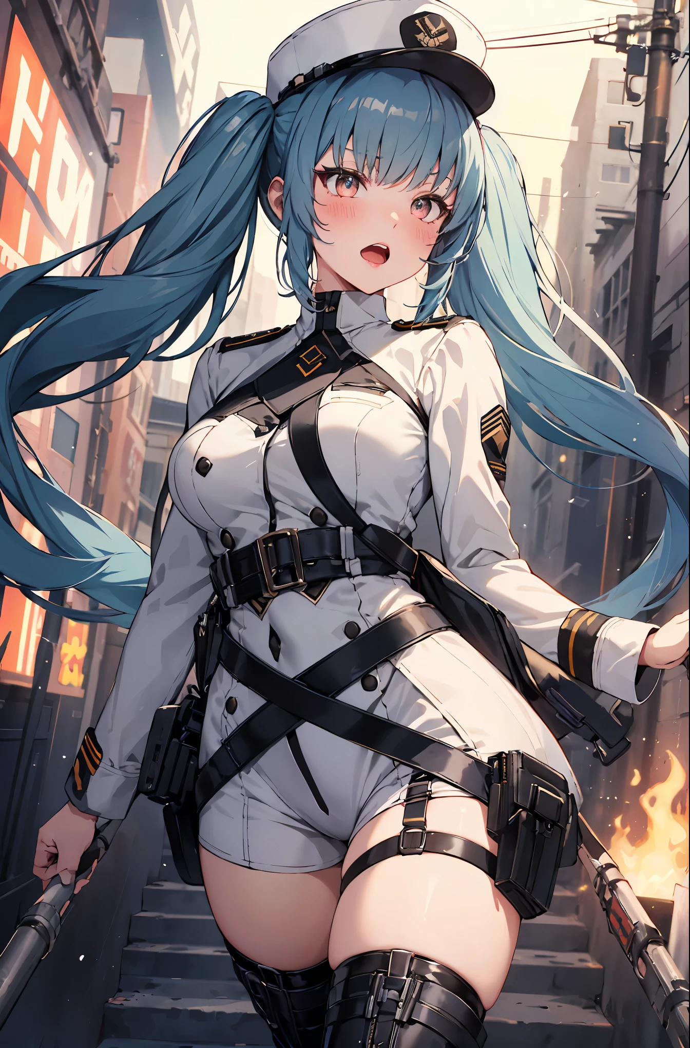 privatydef, twintails, very long hair, peaked cap, military uniform, harness, thigh strap, black thigh boots,blush,open mouth,masterpiece,Noise Reduction,perfect anatomy,high resolution, ultra-detailed,game cg,dutch angle ,beautiful detailed eyes,visualart,five fingers, perfect hands, perfect lighting,