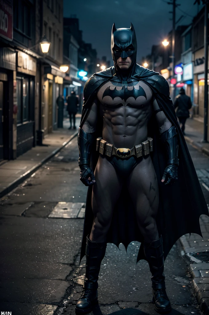 beautiful detail, best quality, 8k, highly detailed face and skin texture, high resolution, batman stand on dirty street at night, full body, darkest atmosphere, sharp focus