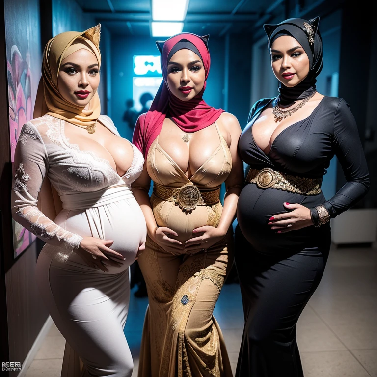Malaysian girl pregnant 9 month,Largest Baby Bump pregnant, Largest , Big pregnant Belly, Big Pregnant girl, Largest Belly of Pregnant, Beautiful woman, beautiful face, pregnant, long hair, black hair, realistic, ultra-detailed, big breast, malay, The whole body consists of a young girl with hijab, Eye makeup, 21yo, Cat ears, Soft lighting, groups, Wear shabby clothes, Dirty, Tattered futuristic military uniform, Cat's paw badge, Pose, spot color, rendering by octane, Ultra-realistic intricate details, Cinematic, 8K resolution, 70mm, emphasis lightings, (((Huge breast)))(((wearing sexy kebaya))) PERFECT HIJAB & Sexy kebaya dress (((2 girls:1.5, girls standing))) Setting background: Basquiat graffiti wall background,Graffiti artist, urban walls, spray paint cans, bold colors, rebellious strokes, street gallery, artistic , night shadows, public expression, aerosol mastery, layered stencils, cultural messages, graffiti tags, creative risks, vibrant visuals, underground recognition, impactful designs, urban transformation. Art by Mschiffer (((Red lips))) (((only: pubic hair is hairy:1.3))) (((wearing a Sexy belt design by LV))) Full Naked & nude,  bride very fit physique (38D breast:1.3) , (((Woman with hijab style, hijab and kebaya dress)), (lace stockings), (((Wearing: diamond necklace and earrings))). RAW photo, full sharp, detailed face (high detailed skin:1.2), 8k uhd, dslr, soft lighting, high quality, film grain, Fujifilm XT3, (extremely beautiful face, sexy lips, beautiful red lips, Clear eyes, beautiful eyes), (big green eyes), pretty girl, face forward, intricate detail face, ((ultra detailed skin)) (skin texture, film grain), Detailed beautiful face, natural tpose, natural facial expression, (((large breasts))), 