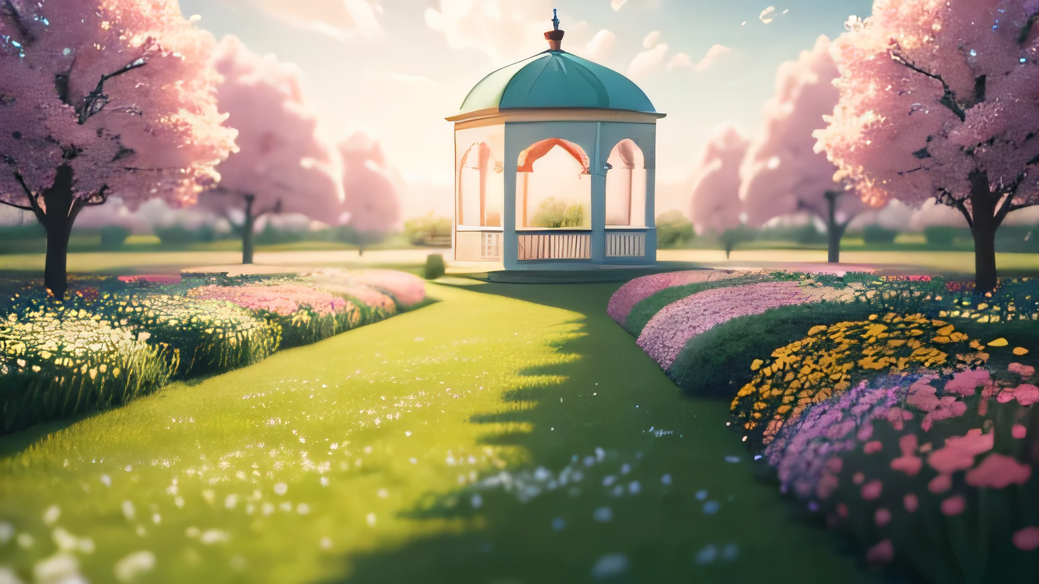 (best quality,highres),vibrant spring landscape, colorful small flowers blooming on a carpet of fresh green grass, several shrubs planted around, a gracefully white gazebo
