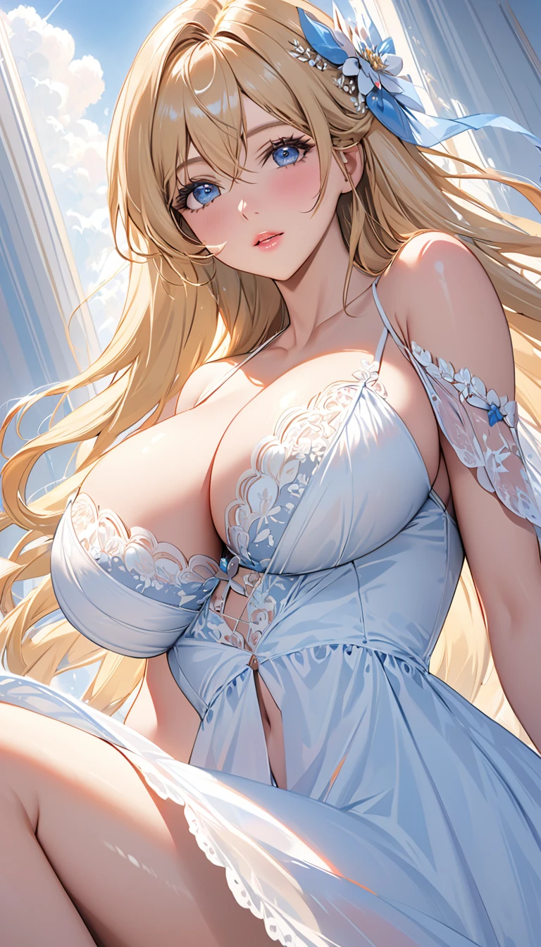 masterpiece:1.4,best-quality,Super Detail,Very Delicate and Beautiful, (( low angle shot, The world's most pretty girlfriend )), blonde long hair, very gigantic breasts, cleavage, very slender, perfect face