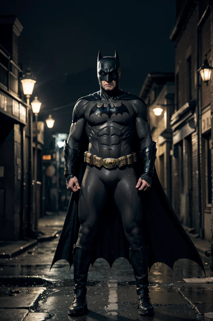beautiful detail, best quality, 8k, highly detailed face and skin texture, high resolution, batman stand on dirty street at night, full body, darkest atmosphere, sharp focus