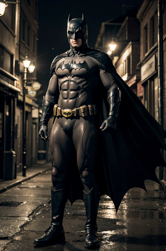 beautiful detail, best quality, 8k, highly detailed face and skin texture, high resolution, batman stand on dirty street at night, full body, darkest atmosphere, sharp focus