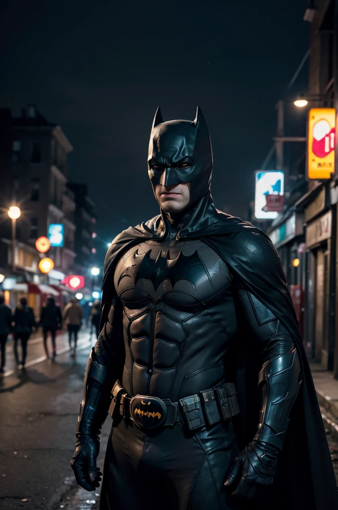 beautiful detail, best quality, 8k, highly detailed face and skin texture, high resolution, batman stand on dirty street at night, full body, darkest atmosphere, sharp focus