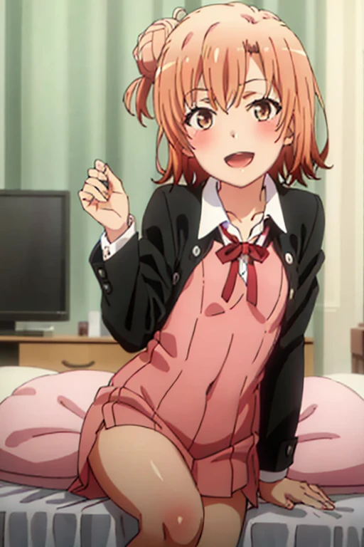 ((highest quality)), ((masterpiece)), (be familiar with), Perfect Face, indoor, Bedroom, Watching the audience,
One woman, Yuigahama Yui,
Open Mouth, Ecstatic expression, blush, smile,
Small breasts, Flat Chest, Young Girl, , , Girl,
Short Hair, Salmon-colored hair, Salmon-colored eyes, Side Pony,
Leg spread,