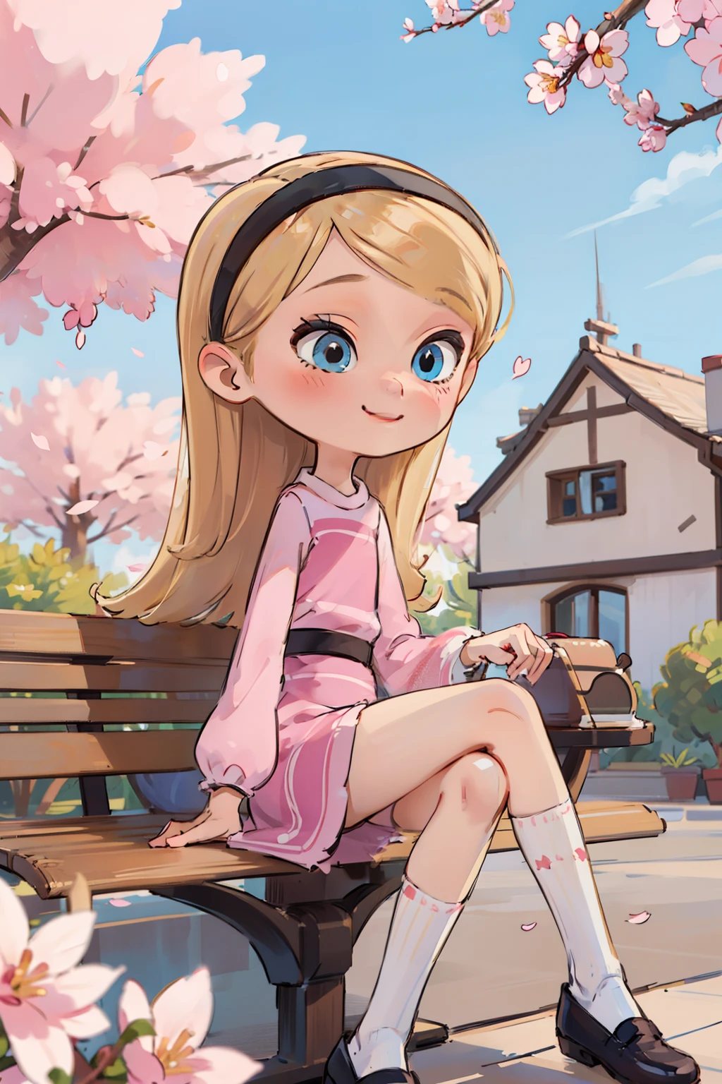 The beautiful girl wearing a , nine years old, has long blonde hair,  hairband, blue eyes, ((pink dress)), puffy sleeves, white tube socks, her body parts are very ideal, her thighs are also chubby, her face has a sweet smile, her position is sitting on the terrace of the house overlooking the cherry blossoms on the terrace, and with polite sitting posture