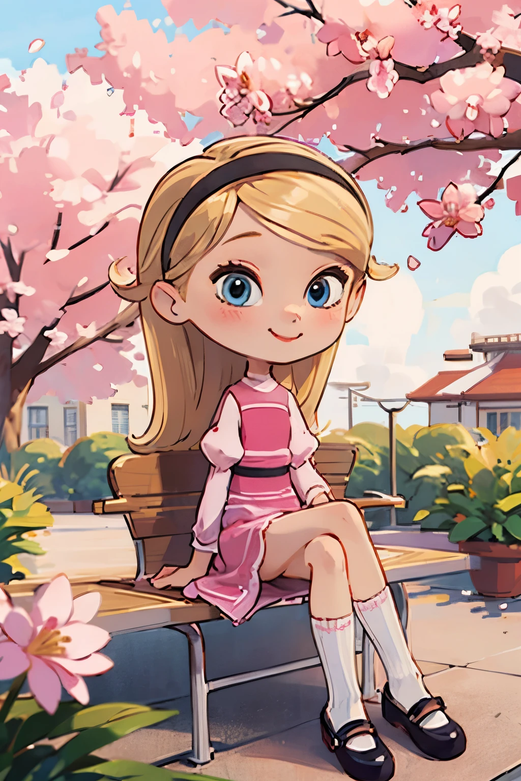 The beautiful girl wearing a , nine years old, has long blonde hair, hairband, blue eyes, ((pink dress)), puffy sleeves, white tube socks, her body parts are very ideal, her thighs are also chubby, her face has a sweet smile, her position is sitting on the terrace of the house overlooking the cherry blossoms on the terrace, and with polite sitting posture