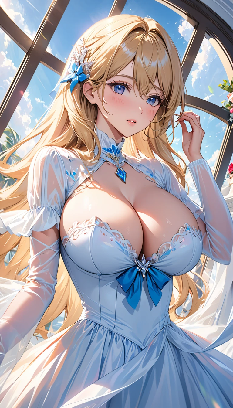 masterpiece:1.4,best-quality,Super Detail,Very Delicate and Beautiful, (( low angle shot, The world's most pretty girlfriend, fancy dress )), blonde long hair, very gigantic breasts, cleavage, very slender, perfect face