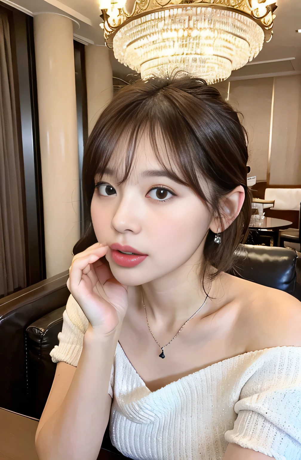 ((8k:1.27)、highest quality、masterpiece、超A high resolution:1.2)Photo Beautiful Japan woman(Comfortable:1.1) grace、good、Gradient lighting、One Girl、Delicate skin、Look at this、Brown eyes、(Short hair with bangs:1.2)、(Large breasts:1.0)、(middle breast wheel:0.8)、(Realistic:1.4)、(highest quality:1.0)、(超A high resolution:1.0)、8k、Raw photo、(masterpiece:0.2)、(Purelos Face_v1:0.5)、 All Overprint Contrast Colors Dresulti Colors、Red-brown、What can I do for you?、Staring at this、Cocktail、Night Open Cafe、Cafe、Outside the house、Complete darkness、theme、Tilt、Look at this、smile、Crossing your legs、get up、Sit on a chair, 

22 years old, 1 person, ((Beautiful announcer,A kind smile:1.2)),

((Gorgeous Earrings, Long Necklace:1.2)), 
((A see-through, glittery, off-the-shoulder dress that fits perfectly to the body, cleavage wide open:1.2)),
((sitting on a large sofa with one&#39;s legs stretched out, Open your legs a little:1.5)),
(Full body image from thigh, Pay attention to the beautiful thighs:1.2), 

((Sexy atmosphere, Naughty pose, Kissing Mouth:1.2)),
((Putting semen on the chest)),

((Luxury restaurant in a luxury hotel, chandelier)),
((You can see a beautiful night view from the large windows.:1.2)), 


Realistic skin texture, Fair skin, Shiny skin, Beautiful skin on legs, 
Highly detailed face, Slim face contour, Beautiful small face, Beautiful Nose, 
Ultra-detailed eyes, Slit eyes, Brown eyes, double eyelid, Ultra-thin eyebrows, Thin, long eyelashes, 
Ultra-detailed lips, Plump and moisturized lips, Glossy pink lips, Flushed Cheeks, ((White beautiful teeth)), 
Beautiful actress&#39;s languid make-up, Pink lipstick, Smoky eyeshadow, Eye foundation, 
Dark Brown Hair, Delicate soft hair, Hair blowing in the wind, 
(Elegantly putting your hair up, Medium Short Hair, ponytail:1.2), 
Layered Cut, (Blunt bangs:1.2), 
((Open your mouth a little, Stick out your tongue a little)), Looking into the camera, 


((Raise your face slightly)),
((Squinting)), 
((pursing lips:1.2)),
((Blushing:1.2)),