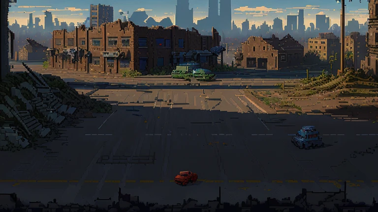 16-bit pixel art, pixel game, post apocalyptic city street with distant city ruin skyline, damaged walls and buildings, rubbles, large empty street, style of metal slug, mainly empty street, daylight