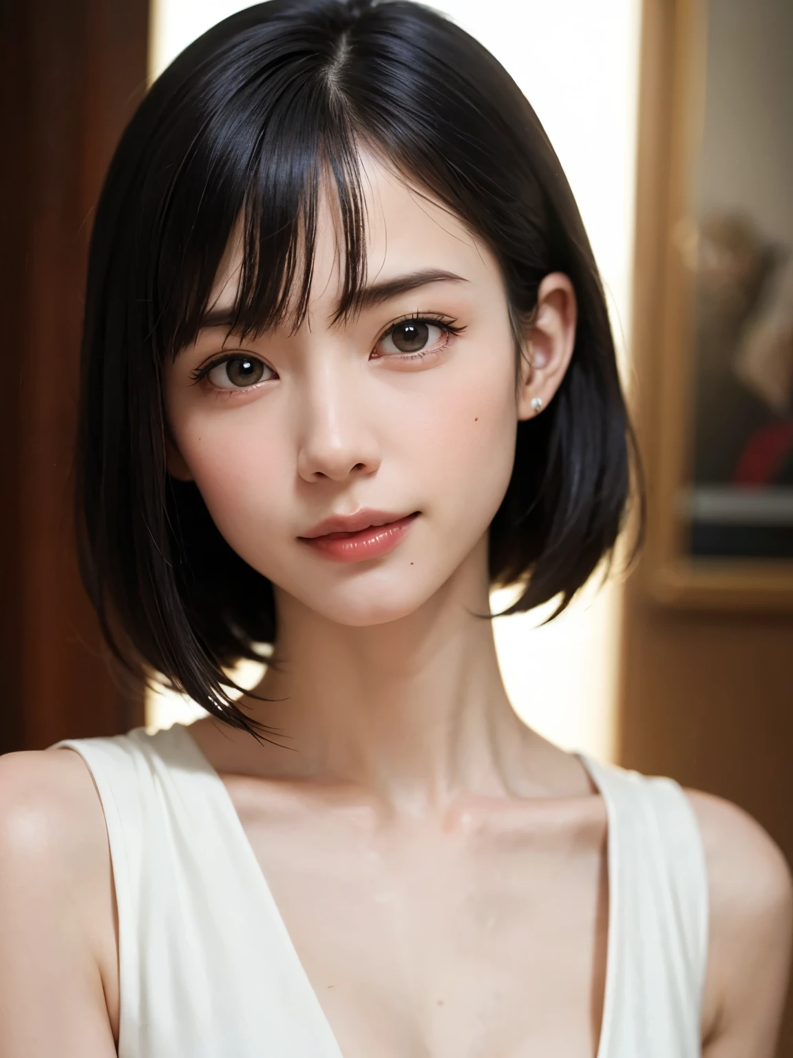 1 girl、highest quality、Realistic、alone、Written boundary depth、Natural soft light、Daytime、charm、Beautiful Face、Cleanliness、Pure Face、White skin、cute、Bob Hair、short hair、bright hazel eyes:1.6、Beautiful Lips、美しいLong neck、Beautiful décolletage、bangs、Beach、Light of the sun、Nedium Breast Body Esbian、((黄金比のBeautiful Face、 対称性のあるBeautiful Face、Dutch Angle Shot、Elevation))、Long neck、Show me your ears、Stick out your ears。bangsのあるきれいな短いBob Hair、smile with your mouth closed、Perfect hands指、Perfect hands、Perfect body、Perfect Face、Shine a light into your eyes、Perfect Anatomy:1.6、とてもcuteスーパーモデル:1.6、{Huge|big|Hugeな|Mega} chest, chestの谷間、smile:1.6、Very beautiful teeth:1.6