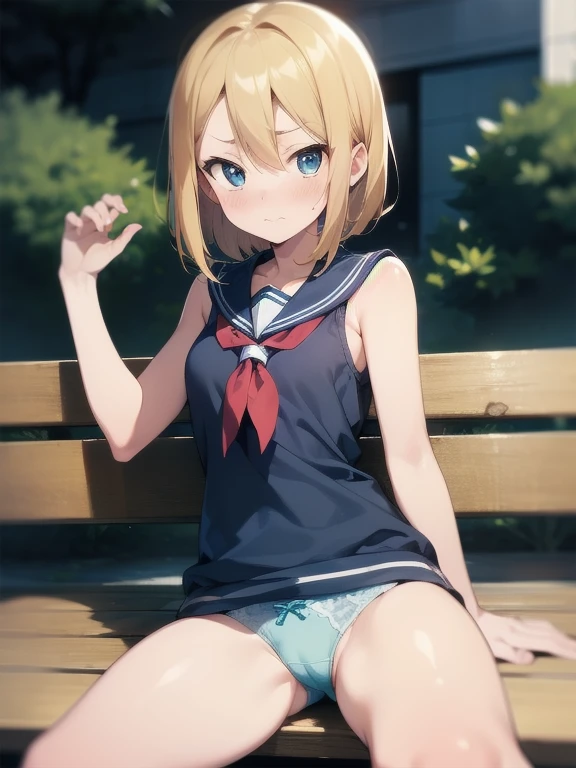 Super resolution video、8K、highest quality,One Girl, alone,cute,Innocent Beautiful Girl,Flat Chest,A beautiful face that still retains a youthful look,Summer sailor uniform,The hairstyle and hair color change randomly.,Sitting on a bench、Embarrassed,Staring at the audience,Beautiful eyes, Delicate depiction, ,She spreads her legs and shyly shows off her panties、She shows off her white frilly panties to the viewers.、Cute design panties、