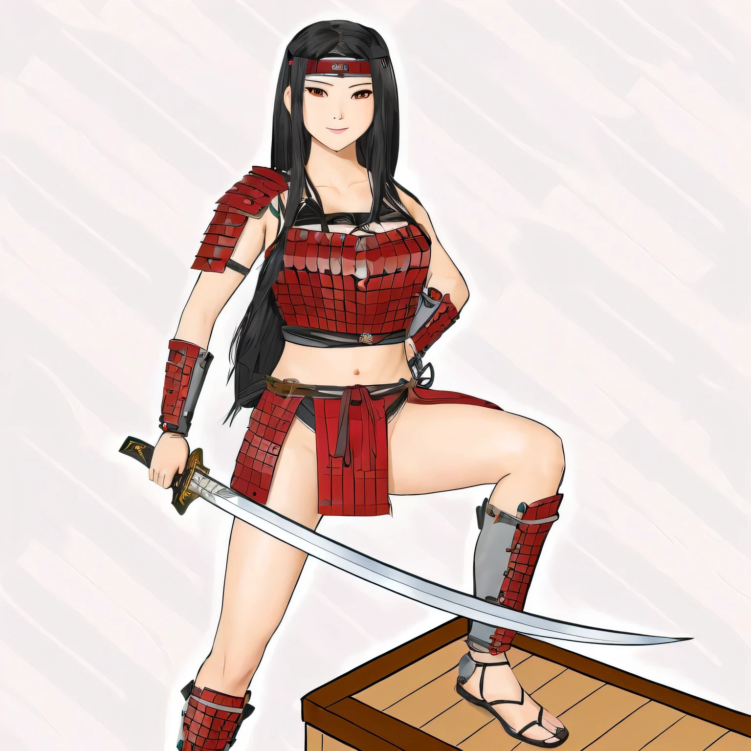 A white woman wearing red armor and holding a knife, she is holding a knife sword, unsheathing her knife, Muscular,Bikini Armor，A seductive smile，Long black hair，Natalie in an epic battle fantasy, north adult Woman warrior, Woman warrior, She has a sword, knife, north Woman warrior