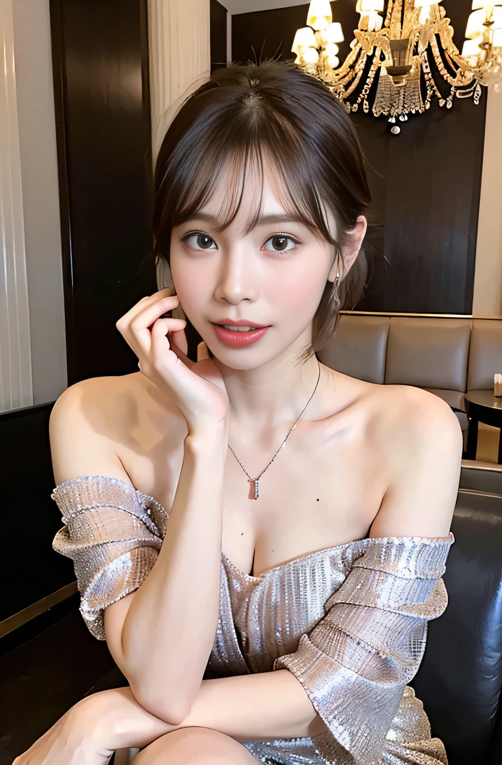 ((8k:1.27)、highest quality、masterpiece、超A high resolution:1.2)Photo Beautiful Japan woman(Comfortable:1.1) grace、good、Gradient lighting、One Girl、Delicate skin、Look at this、Brown eyes、(Short hair with bangs:1.2)、(Large breasts:1.0)、(middle breast wheel:0.8)、(Realistic:1.4)、(highest quality:1.0)、(超A high resolution:1.0)、8k、Raw photo、(masterpiece:0.2)、(Purelos Face_v1:0.5)、 All Overprint Contrast Colors Dresulti Colors、Red-brown、What can I do for you?、Staring at this、Cocktail、Night Open Cafe、Cafe、Outside the house、Complete darkness、theme、Tilt、Look at this、smile、Crossing your legs、get up、Sit on a chair, 

22 years old, 1 person, ((Beautiful announcer,A kind smile:1.2)),

((Gorgeous Earrings, Long Necklace:1.2)), 
((A see-through, glittery, off-the-shoulder dress that fits perfectly to the body, cleavage wide open:1.2)),
((sitting on a large sofa with one&#39;s legs stretched out, Open your legs a little:1.5)),
(Full body image from thigh, Pay attention to the beautiful thighs:1.2), 

((Sexy atmosphere, Naughty pose, Kissing Mouth:1.2)),
((Putting semen on the chest:1.2)),

((Luxury restaurant in a luxury hotel, chandelier)),
((You can see a beautiful night view from the large windows.:1.2)), 


Realistic skin texture, Fair skin, Shiny skin, Beautiful skin on legs, 
Highly detailed face, Slim face contour, Beautiful small face, Beautiful Nose, 
Ultra-detailed eyes, Slit eyes, Brown eyes, double eyelid, Ultra-thin eyebrows, Thin, long eyelashes, 
Ultra-detailed lips, Plump and moisturized lips, Glossy pink lips, Flushed Cheeks, ((White beautiful teeth)), 
Beautiful actress&#39;s languid make-up, Pink lipstick, Smoky eyeshadow, Eye foundation, 
Dark Brown Hair, Delicate soft hair, Hair blowing in the wind, 
(Elegantly putting your hair up, Medium Short Hair, ponytail:1.2), 
Layered Cut, (Blunt bangs:1.2), 
((Open your mouth a little, Stick out your tongue a little)), Looking into the camera, 


((Raise your face slightly)),
((Squinting)), 
((pursing lips:1.2)),
((Blushing:1.2)),
((The cleavage between her breasts is fluffy)), 