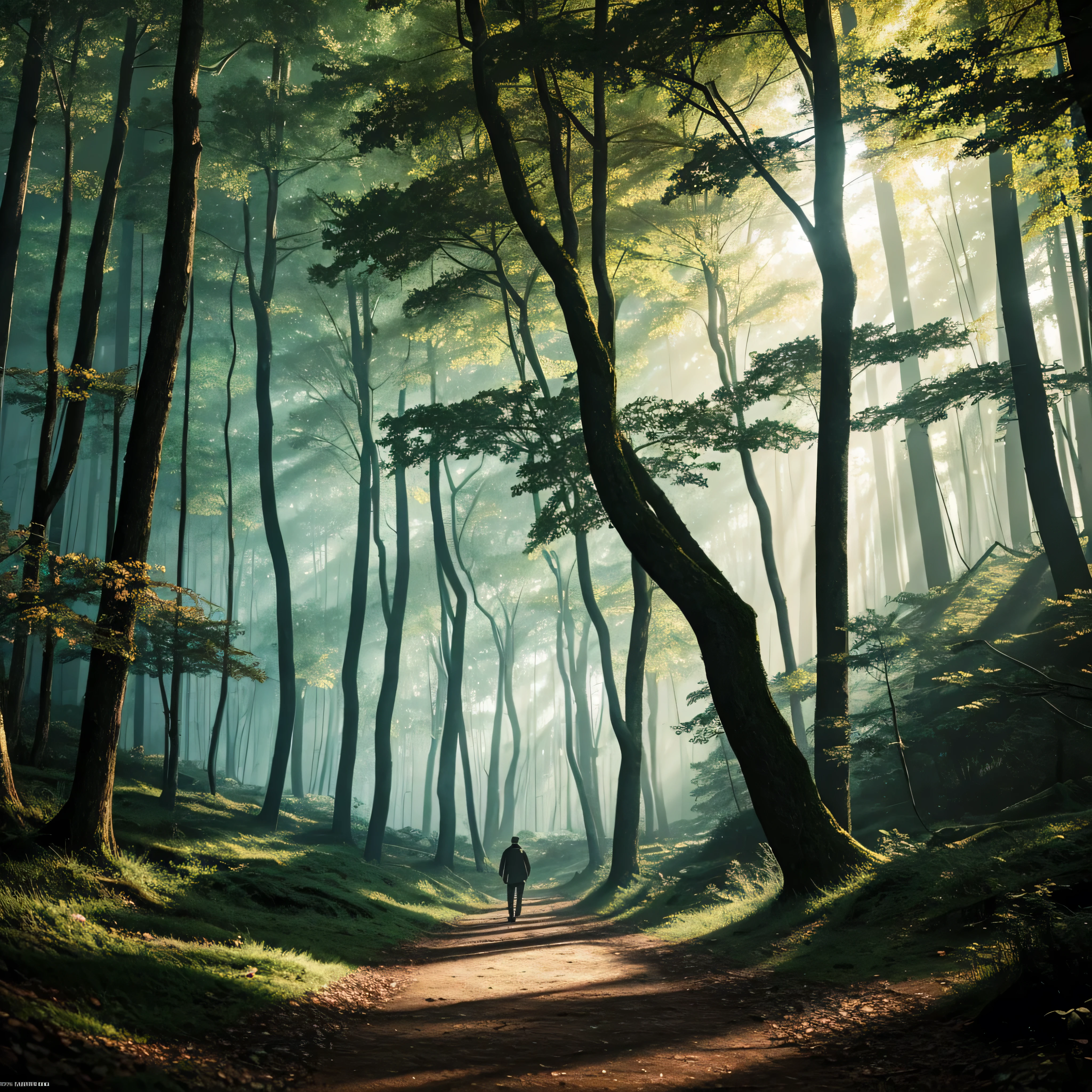 there is a man standing in a forest with a his dog, concept art of a dark forest, concept art stunning atmosphere, background artwork, scenery game concept art, concept art wallpaper 4k, dramatic lighting. concept art, painted as a game concept art, concept art for a video game, environment concept art, concept art scene, anime lush john 8k woods, cinematic lighting, motion blur, 360 view, highres, 8k