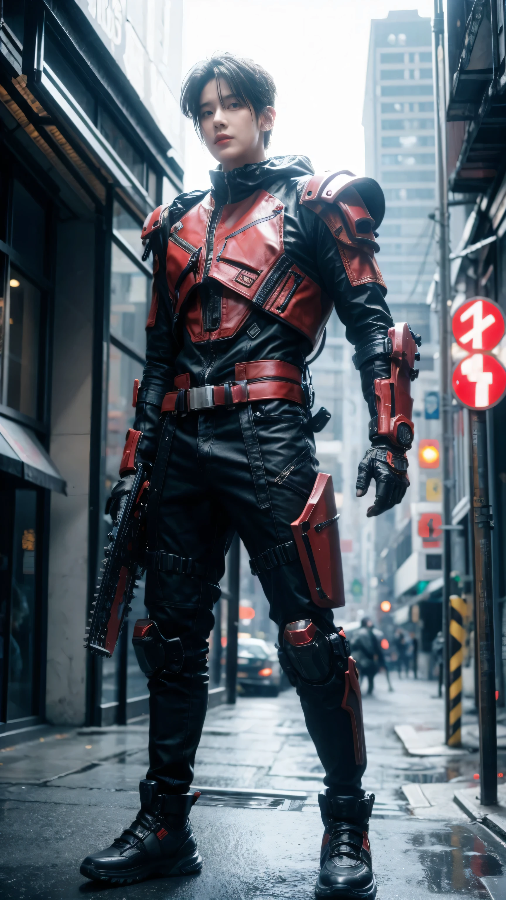 dark_fantasy,Cyberpunk,(Chainsaw,Chainsaw man,Red:1.1),1 person,Mechanical wonder,Robots exist,cybernetic guardian, Wearing a worn out mecha suit, Wheels within wheels, (Steel Metal [Rusty]), elegant, Be focused, Photo by Greg Rutkowski, soft light, Vibrant colors, masterpiece, ((street)), Cowboy shooting, Dynamic poses,