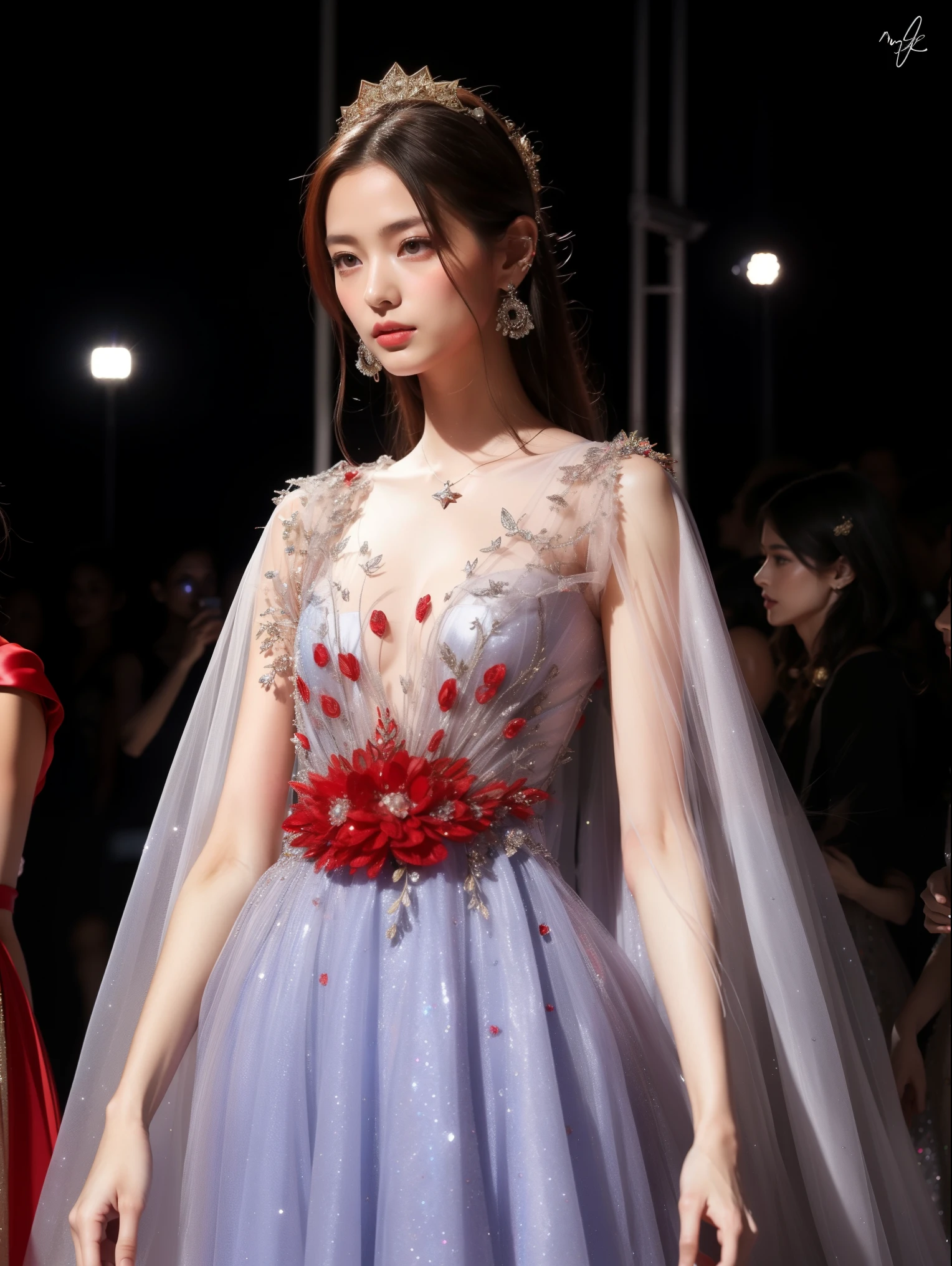 close up of glass bottle,Inside was a spectacular galactic fashion show..,A Japanese girl puts on the most beautiful fashion show at the Milan Haute Couture Show in Italy.,International Superstar Model Show, psychedelic stage,heavenly atmosphere, Delicate makeup for the face , pretty face, perfectly proportioned face,(Advanced facial details:1.1)Shiny Blue Luxury Dress Collection,Fancy dresses,bright red series,Haute couture dress collection,Dress photo,authentic dress pieces,Women's works,full body view,Goddess of Dress,realism,amazing,It's bright today