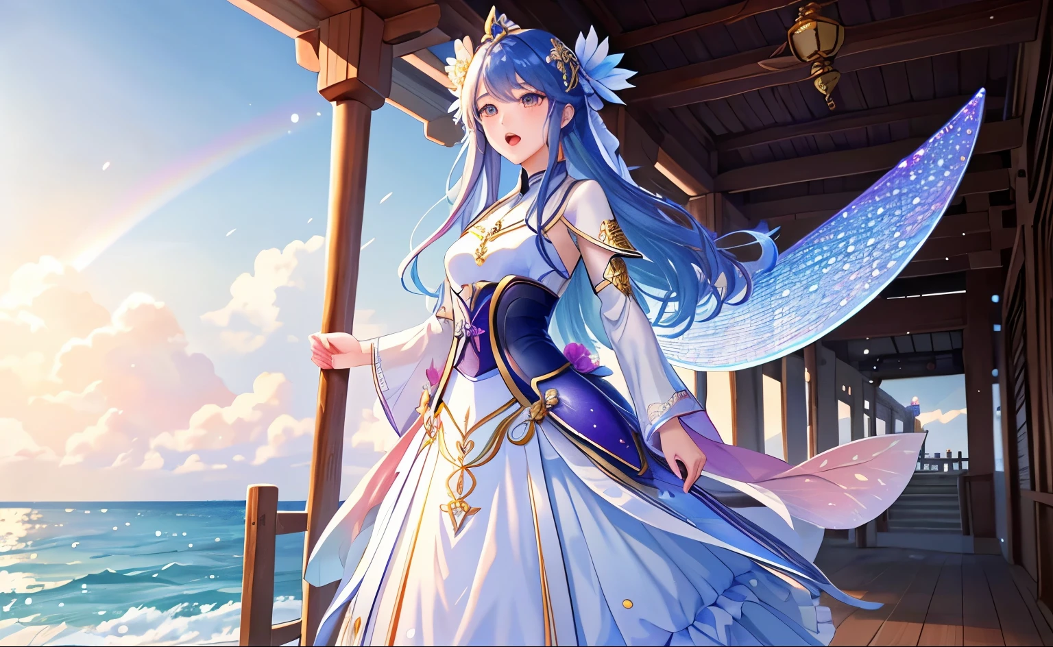 A tall figure stands confidently，Wearing glittering armor made of rainbow scales。Their skin has a soft glow，temple，god，Their eyes sparkled with determination，Suggesting hidden powers and abilities waiting to be unleashed。In their hands they held a staff carved from a single piece of wood.，杖的表面刻着代表生命和死亡循环的god秘符号。From the front，The pier by the sea。Open your mouth，