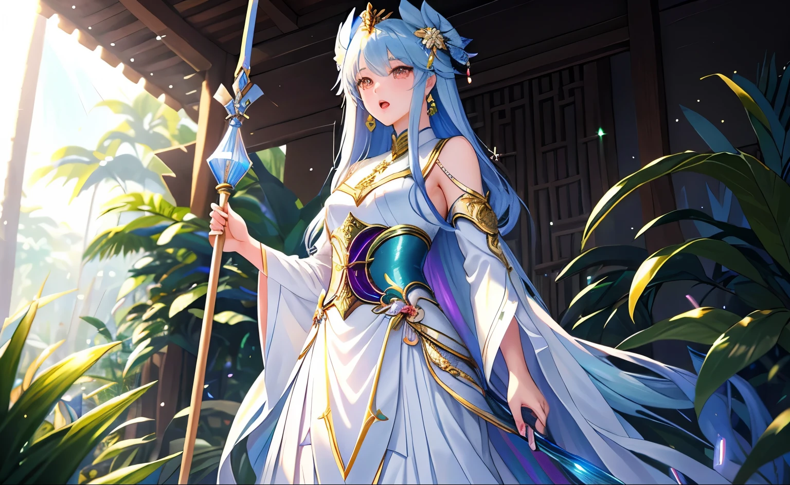 A tall figure stands confidently,Wearing glittering armor made of rainbow scales。Their skin has a soft glow,A faint light shone through the dense jungle around。temple,god,Their eyes sparkled with determination,Suggesting hidden powers and abilities waiting to be unleashed。In their hands they held a staff carved from a single piece of wood.,杖的表面刻着代表生命和死亡循环的god秘符号。From the front,The pier by the sea。Open your mouth,