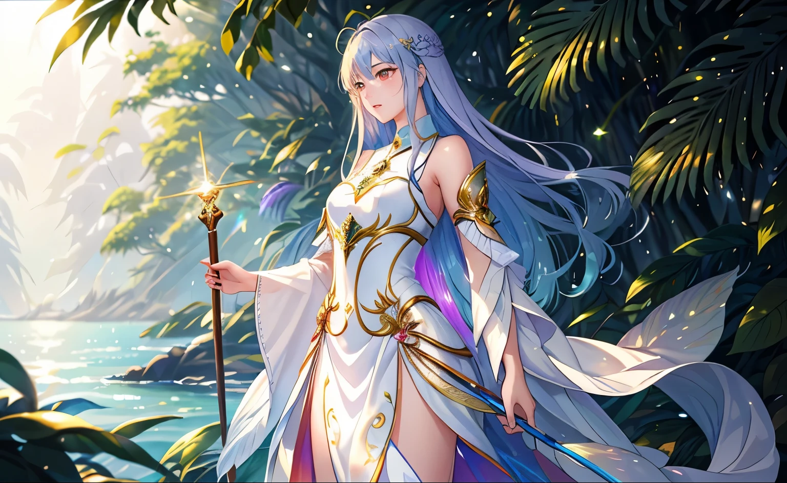 A tall figure stands confidently,Wearing glittering armor made of rainbow scales。Their skin has a soft glow,A faint light shone through the dense jungle around。temple,god,Their eyes sparkled with determination,Suggesting hidden powers and abilities waiting to be unleashed。In their hands they held a staff carved from a single piece of wood.,杖的表面刻着代表生命和死亡循环的god秘符号。from the side,The pier by the sea。
