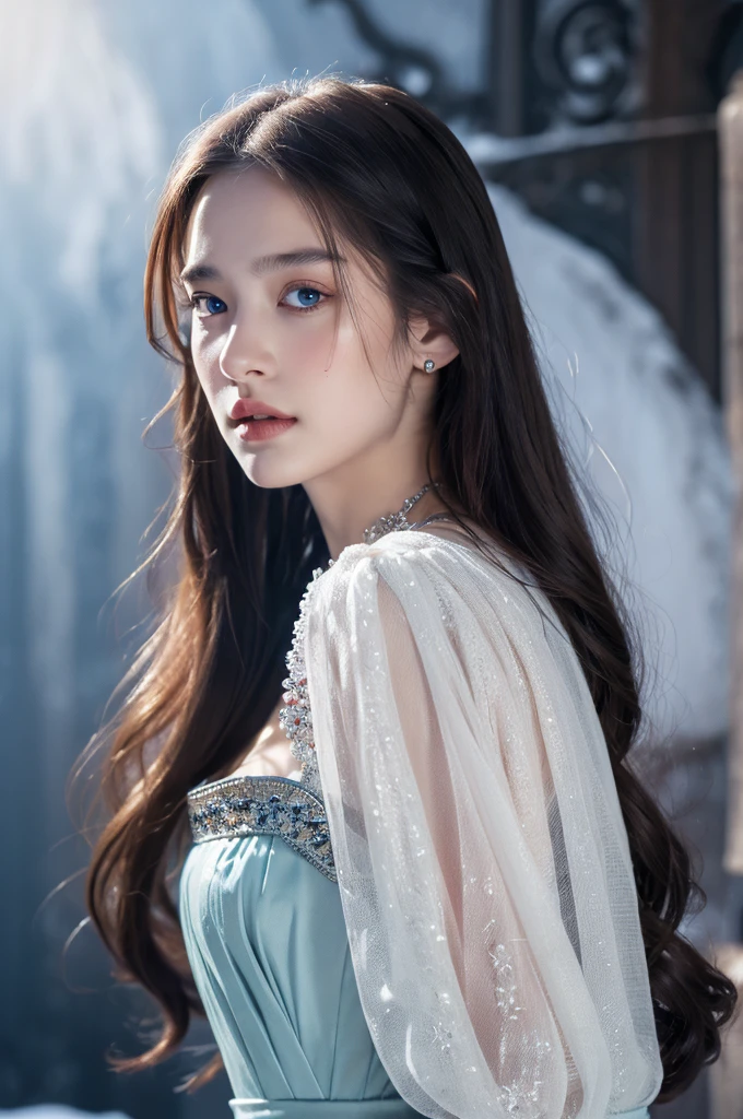 ( masterpiece, top quality, best quality,8k,17 years old girl,ultra detailed,raw photo:1.5),(photorealistic:1.4),(cinematic lighting), PerfectNwsjMajic, , Surrealism, UHD, ccurate, Super detail, textured skin, High detail, Best quality, dynamic angle, (high nose,White skin),[Beautiful blue eyes],[flat chest:large breasts:0.5],(1girl),(good anatomy:0.5)), of a woman in a dress with a sword, a beautiful fantasy empress, ((a beautiful fantasy empress)), beautiful fantasy maiden,snow, jewelry, splendor 