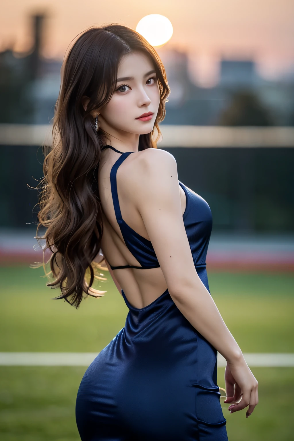 Caucasian woman with blue-black wavy long hair, athletic body, standing pose, her sexy figure accentuated by a tight-fitting dress, the slim belly accentuating her toned abs, a sensual look on her face as she turns around, the view from behind revealing her alluring curves, the sun setting in the background casting a warm glow on her, the intricate details of her dress and the fine hairs of her wavy hair visible in the high resolution, 8K masterpiece, the para却lights illuminating her athletic form, the depth of field shallow, the background blurred.