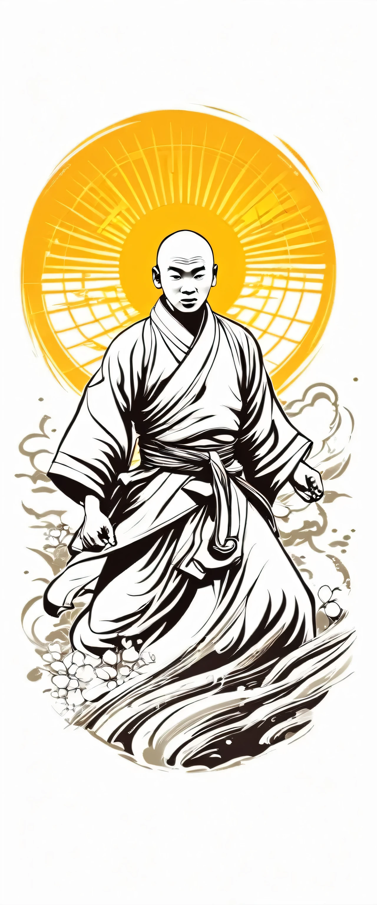 Sticker with ((Monk+ ShaoLin monastery+Sun)), Japanese style, art of the future, white background