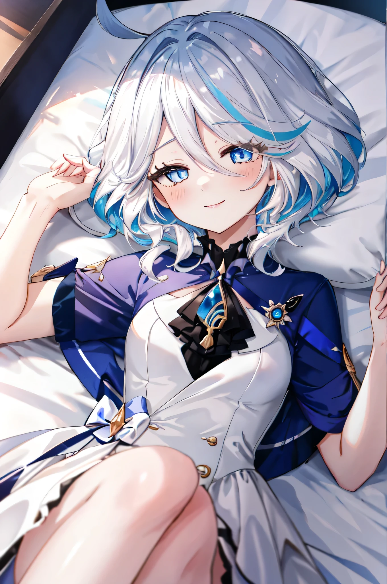 masterpiece, best quality, Gollens, 4K resolution, Minimalism, 1 girl,Solitary, , Forrina, White style, nature, Cute eyes, short hair, Decorate hair, white hair, White Dress, have, blush, Smile, Close your eyes tightly, shy,Lying in bed,Ray Tracing,Look at it from above