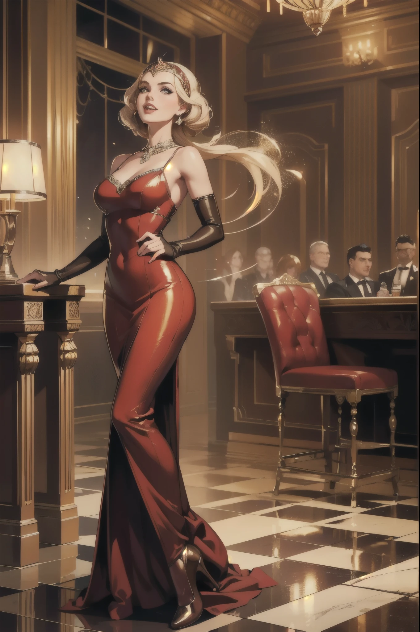 annette_war, ,Annette (Fire Emblem), 1girl,red cocktail dress,white elbow gloves,singing,classic microphone,1920s night club,art deco interior,vibrant atmosphere,smoke-filled room,dimmed lights,sparkling chandeliers,dancing couples,arched doorways,velvet curtains,jazz music,floral arrangements,checkered dance floor,overflowing champagne glasses,vintage bar counter,high-back chairs,feathered headbands,glamorous decor,gleaming polished floors,energetic crowd,exquisite stage backdrop,bar counter with gleaming crystal glasses,dapper gentlemen,elegant ladies in fringed dresses,whispered conversations,laughter and applause,soothing jazz melodies,swinging jazz band,enthusiastic applause,teasingly slow tempo,exquisite vocal talent,resonating melodic voice,charming charisma,breathtaking evening gown,mesmerizing performance,raucous cheers and claps,melodies floating in the air,bubbly laughter,lively ambiance,moments frozen in time,vintage charm,boundless elegance,(best quality,4k,8k,highres,masterpiece:1.2),ultra-detailed,(realistic,photorealistic,photo-realistic:1.37),portraits,art deco color scheme,soft warm lighting,vibrant reds and golds,subtle shadows and highlights,joyful atmosphere