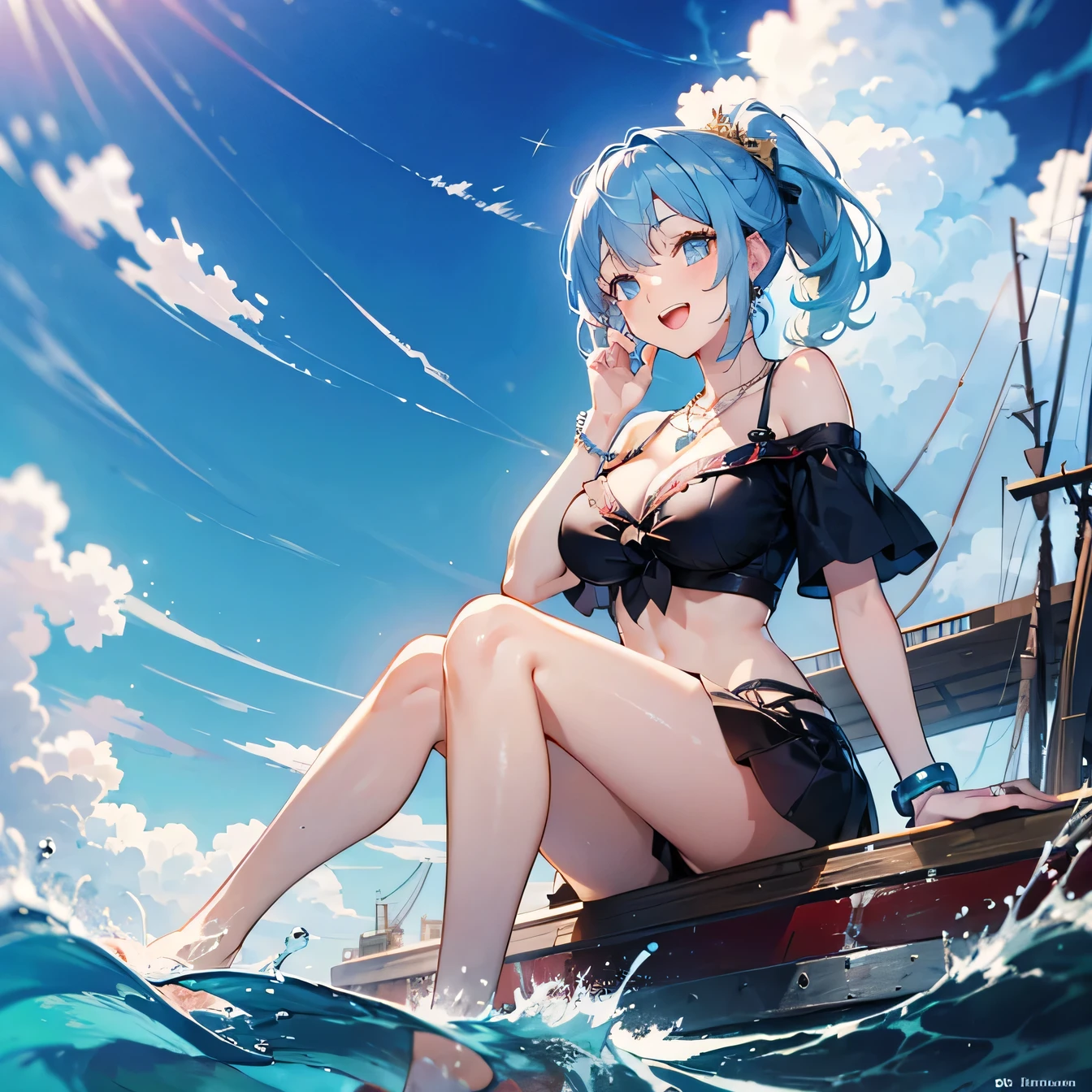 Anime Moe Art Style,highest quality,High resolution,One Girl,Anatomically correct,Mid-s,A girl with light blue hair in a ponytail,Super detailed,off shoulder tops,mini skirt,big breast cleavage,Active,Bright smile,Laughing with your mouth open,A rich expression,Eyes drawn in detail,necklace,ring,hair ornaments,bracelet,Daytime,blue sky,White cloud,On the ship,Sitting on the bow of a ship,Kicking the waves with his feet,8K