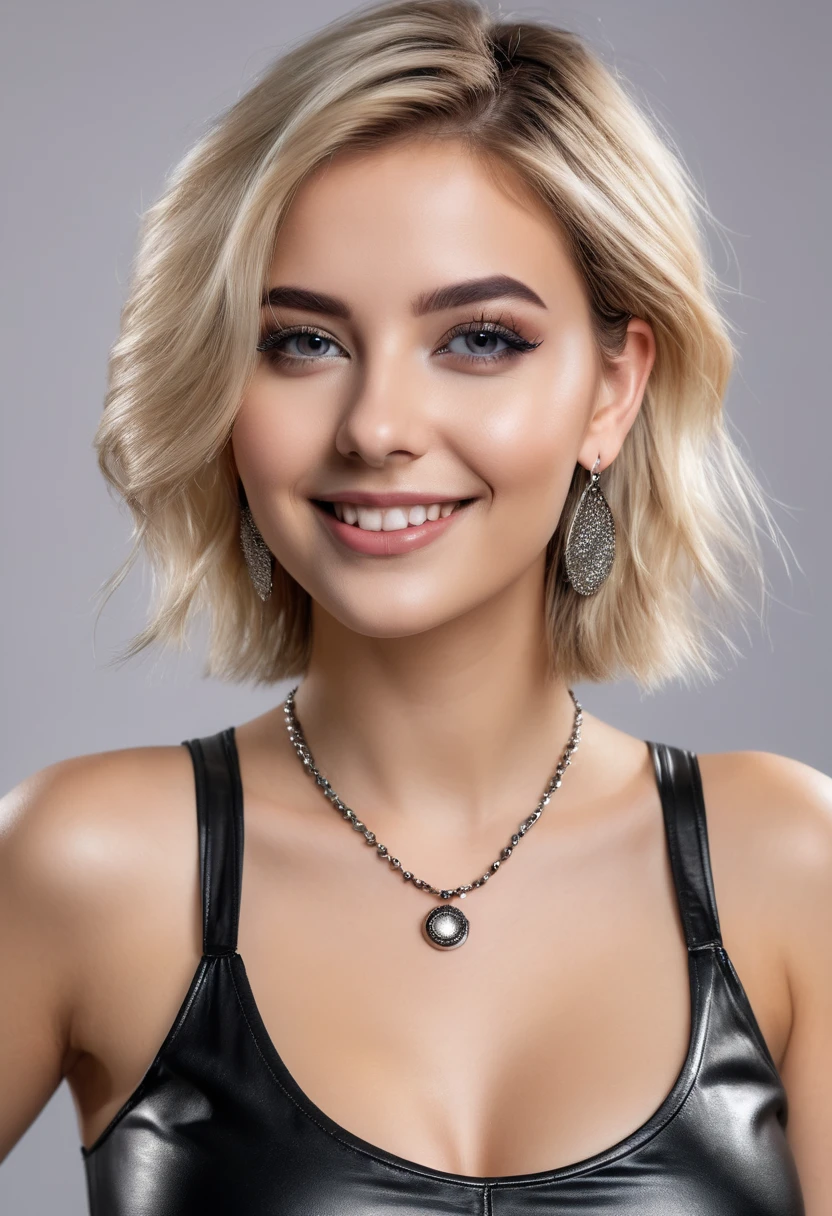 hyperrealistic beautiful busty 18-year-old women in shiny sleeveless top and leather leggins, model shooting full body photography, dyed platin-blonde short messy bob, dark eye makeup with eyeliner, seductive smile, small necklace and earrings, 8K, best quality, Meisterwerk, ultra high resolution, (Realismus: 1.4), Originalfoto, (realistische Hautstruktur: 1.3), (Filmkorn: 1.3), (Selfie-Winkel), 1 girl, Beautiful round eyes and facial details, Meisterwerk, best quality