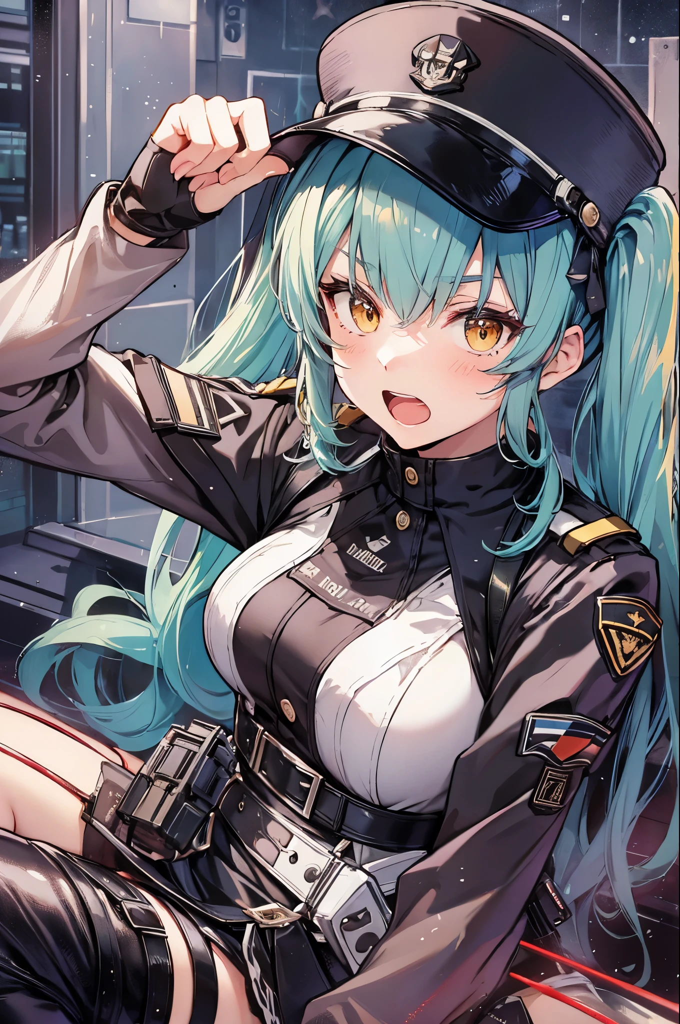 privatydef, twintails, very long hair, peaked cap, military uniform, harness, thigh strap, black thigh boots,(upper body:1.3),open mouth, embarrassed ,blush,(spread legs:1.3),(legs up),masterpiece,Noise Reduction,perfect anatomy,high resolution, ultra-detailed,game cg,dutch angle ,beautiful detailed eyes,visualart,five fingers, perfect hands, perfect lighting,