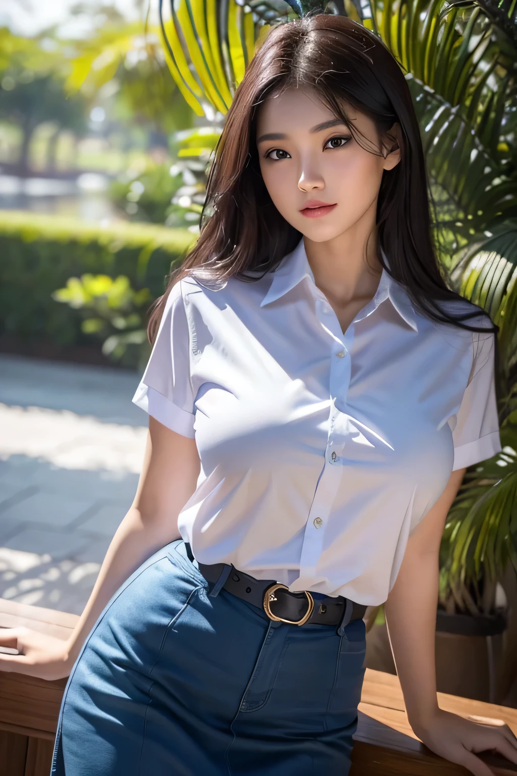 A beautiful Indonesian woman with natural beauty and big breasts is standing in a classroom. She has a wet body, as if she has been soaked in water. The scene is vibrant with vivid colors and bokeh effects. The woman has long dark hair and radiant skin. Her beautiful detailed eyes and lips enhance her overall attractiveness. She is wearing a student uniform, suggesting that she is a student. The lighting emphasizes her features and creates a captivating atmosphere. The artist focuses on capturing the woman's sensuality and the unique charm of the classroom environment. The artwork aims to depict the beauty of the Indonesian woman while exploring the aesthetics of wetness and moisture. Pubic hairs are depicted as part of the woman's natural beauty, adding to the overall realism and attention to detail. The artwork strives for the best quality, with high resolution (4k, 8k) and ultra-detailed rendering. It captures the woman's beauty in a realistic and photorealistic way. The color palette and lighting enhance the overall visual impact, creating a mesmerizing and engaging artwork.