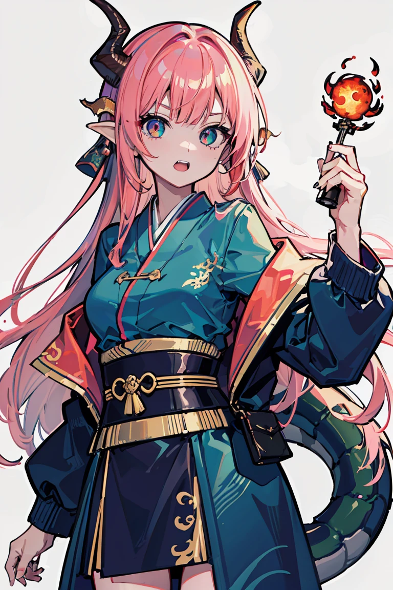 (1 girl), (Dragon Girl), ((Oriental dragon horns growing from the head)), Asymmetrical Hairstyles, (super high quality), masterpiece, Cowboy Shot,Dragon&#39;s Eye, Crimson Hair, Mid cut, Tie the ends of your hair, Casual Scene, Tense atmosphere, She is wearing fashionable clothes, sun, Emits warm tones, Street atmosphere, Perfect body, (E Cup:1.2), Open your mouth wide, Jagged teeth, Fresh, (Long Bangs:1.3)Highly detailed face and eyes, Band T-shirts, Digital Art, beautiful, Cinema Lighting, By Yusuke Murata.tonality, Romanticism, modern art, Impressionism, reflected light, 8k, masterpiece, Advanced Details, highest quality, Accurate anatomy