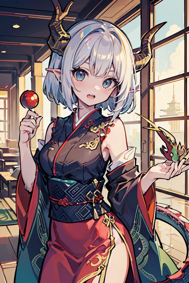 (1 girl), (Dragon Girl), ((Oriental dragon horns growing from the head)), Asymmetrical Hairstyles, (super high quality), masterpiece, Cowboy Shot,Dragon&#39;s Eye, Crimson Hair, Mid cut, Tie the ends of your hair, Casual Scene, Tense atmosphere, She is wearing fashionable clothes, sun, Emits warm tones, Street atmosphere, Perfect body, (E Cup:1.2), Open your mouth wide, Jagged teeth, Fresh, (Long Bangs:1.3)Highly detailed face and eyes, Band T-shirts, Digital Art, beautiful, Cinema Lighting, By Yusuke Murata.tonality, Romanticism, modern art, Impressionism, reflected light, 8k, masterpiece, Advanced Details, highest quality, Accurate ???????