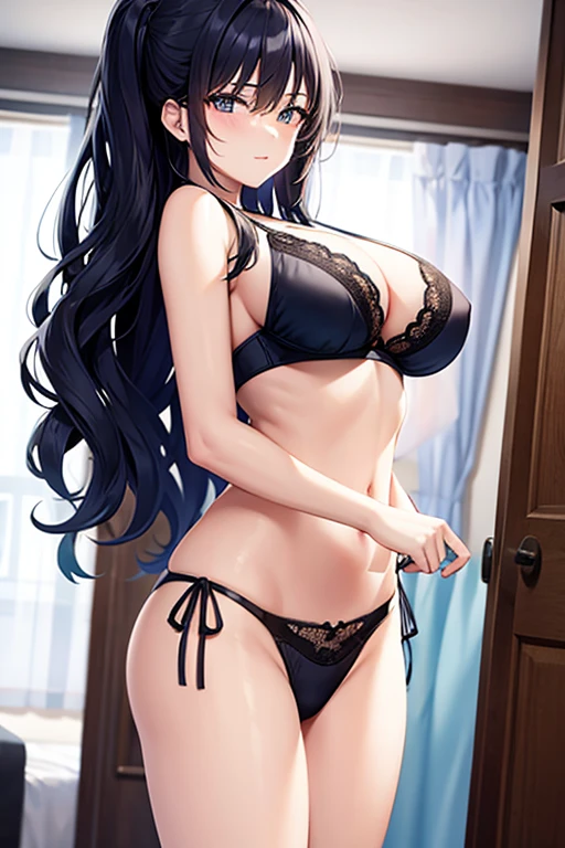 caucasian woman, blue-black hair, wavy hair, long hair, athletic body, standing, view from behind, sexy bra and panties, slim belly, sensual look, in bedroom