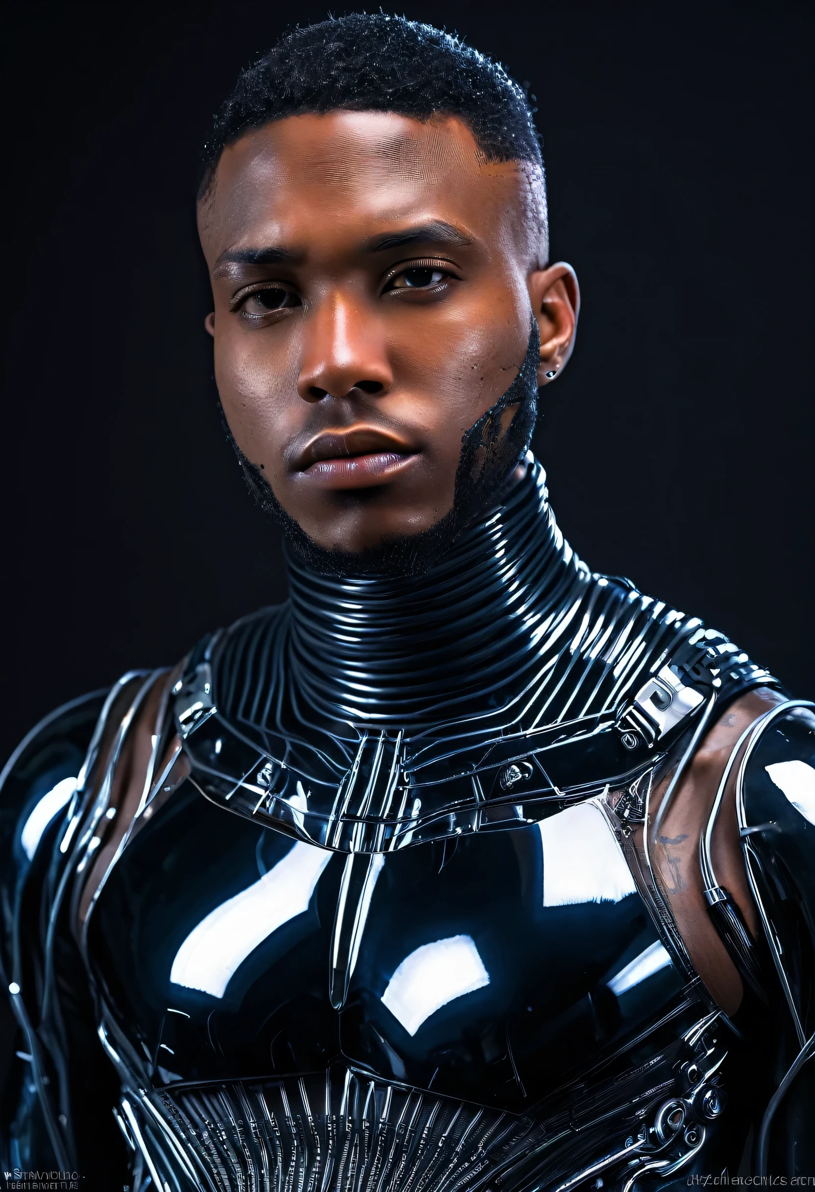 Young african American man with a low fade wearing a black transparent latex suit,Translucent latex garments:1.5),(Metallic body, bionic scifi alexandre ferra, cyborg neck, cyborg male, male cyborg, cyborg fashion model, portrait of a cyborg, detailed portrait of a cyborg, cybernetic neck implant, portrait of a futuristic robot :1.3)(dystopian sci-fi character, sci - fi character, portrait of a cyberpunk cyborg:1.2)(8K,Extreme detail,Hair in extreme detail,Ultra photo realsisim,cinmatic lighting:1.1)(Strong muscles and perfectly curved body,Extreme sexual tension,Hormonal explosion,whole body display:1.2batman symbol.