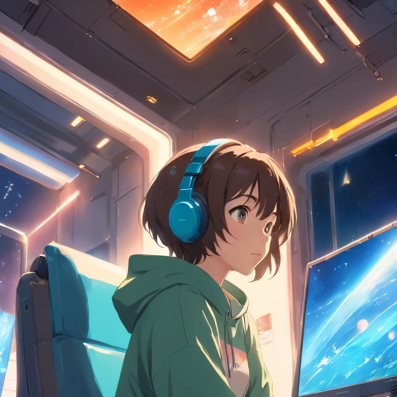 Anime girl sitting in a chair with headphones and computer on, Anime Style 4k, LOFI Girl, Makoto Shinkai style, Makoto Shinkai's art style, anime art wallpaper 4k, anime art wallpaper 4k, Lo-fi art style, Anime Moe Art Style, 4k anime wallpaper, makoto shinkai. Digital Rendering, anime wallpaper 4k