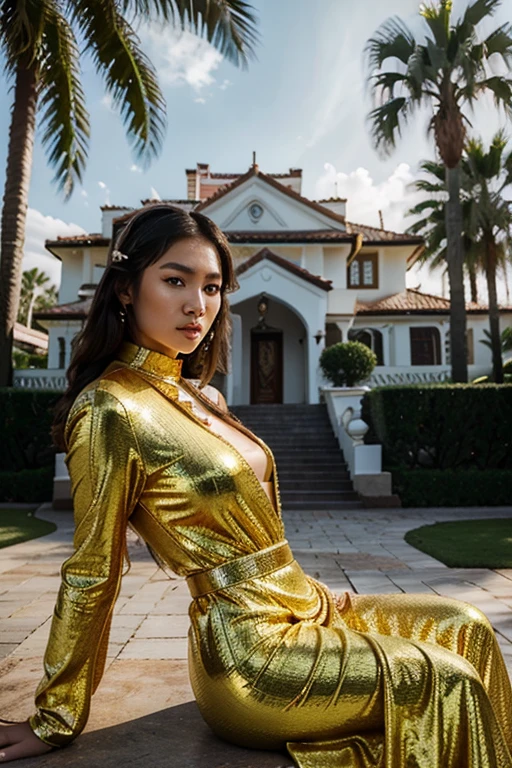 photo of a high fashion Mongolian woman wearing a golden glowy maxi dress, surreal, bentley, real big glow, Bel Air mansion, old money aesthetic, cloudy day, palm tree --ar 2:3, (masterpiece), best quality, expressive eyes, perfect face