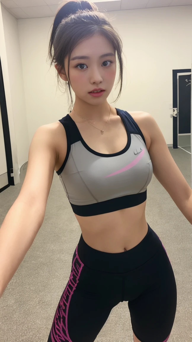 Sports Bra、Sports tights、See-through、It's digging in、Turn around、Turn your back、Buckshot、I'm not wearing anything underneath、Full Body Shot、20th Ayaka、NiziU AYAKA、 4K、1People Women、slender、 Loose, wavy styling 、Fascinating and attractive、Including the texture of the face and skin.,Detailed eyes