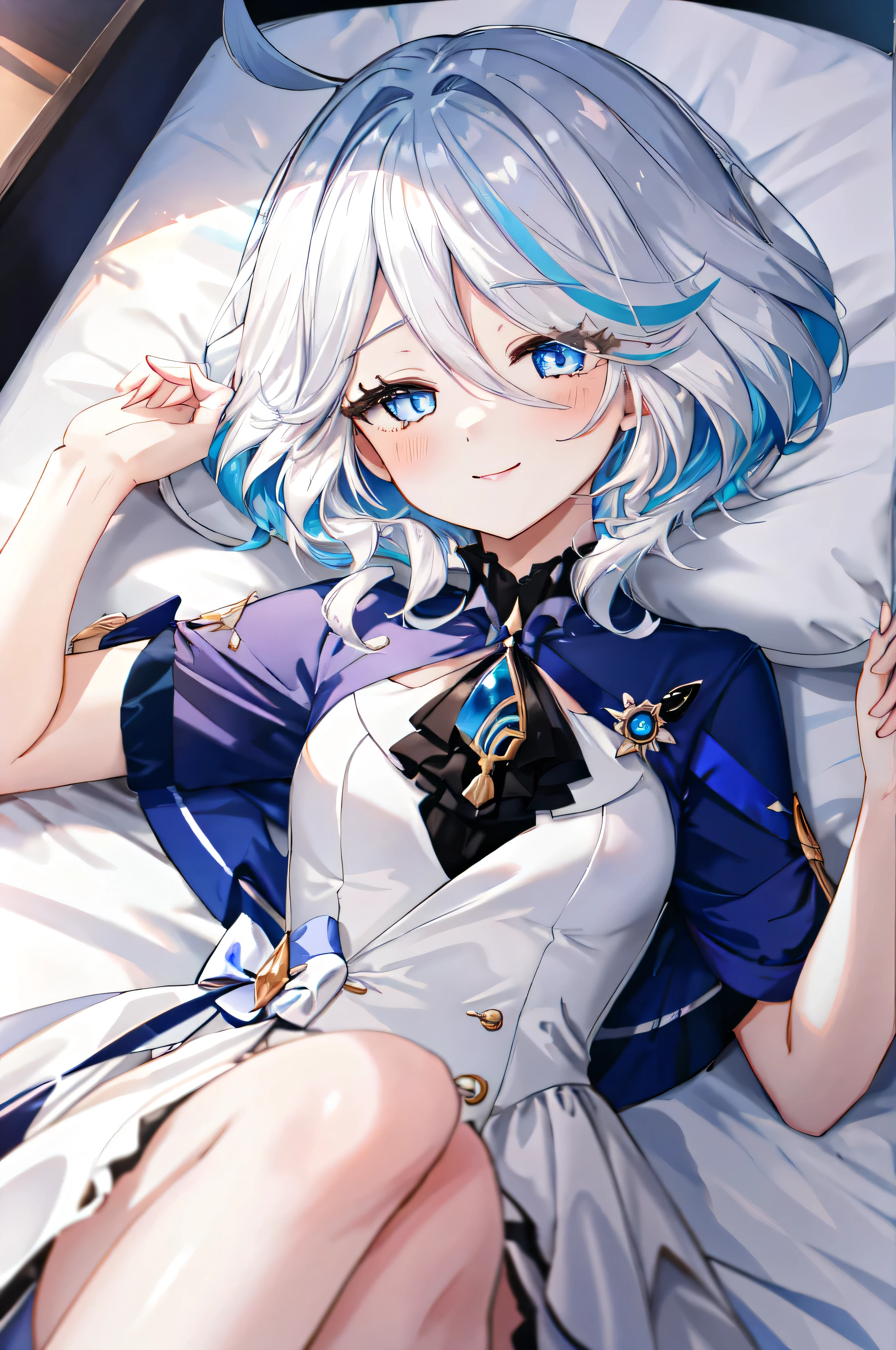 masterpiece, best quality, Gollens, 4K resolution, Minimalism, 1 girl,Solitary, , Forrina, White style, nature, Cute eyes, short hair, Decorate hair, white hair, White Dress, have, blush, Smile, Close your eyes tightly, shy,Lying in bed,Ray Tracing,Look at it from above