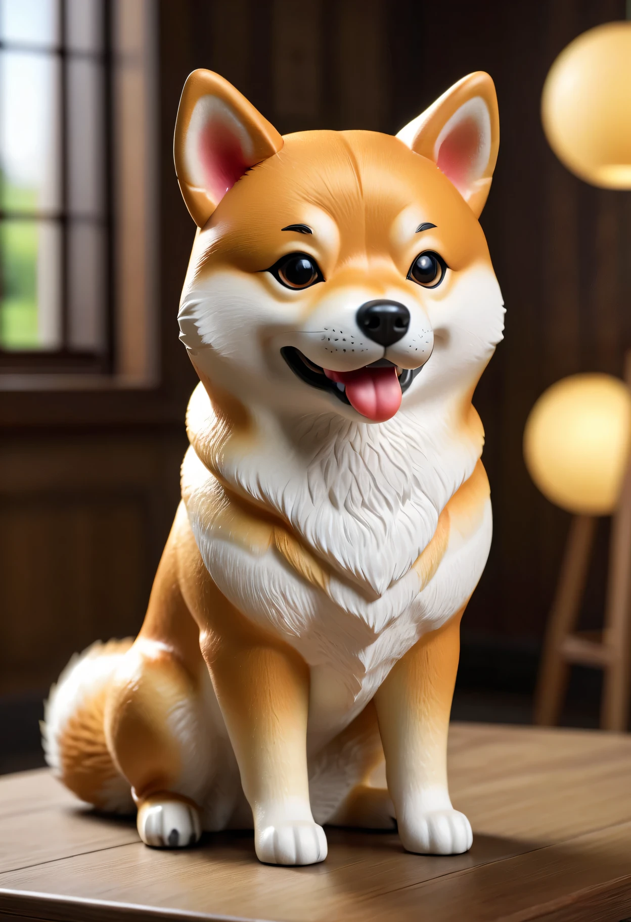 (highres, realistic:1.37), medium:3D rendering, adorable rubber Shiba Inu, lifelike details, glossy finish, vibrant colors, playful expression, perky ears, button-like eyes, detailed snout and mouth, intricate fur texture, sitting posture, soft curves, perfect proportions, expert craftsmanship, exquisite shadows and highlights, professional lighting, immersive depth, realistic surroundings, meticulous attention to every detail.