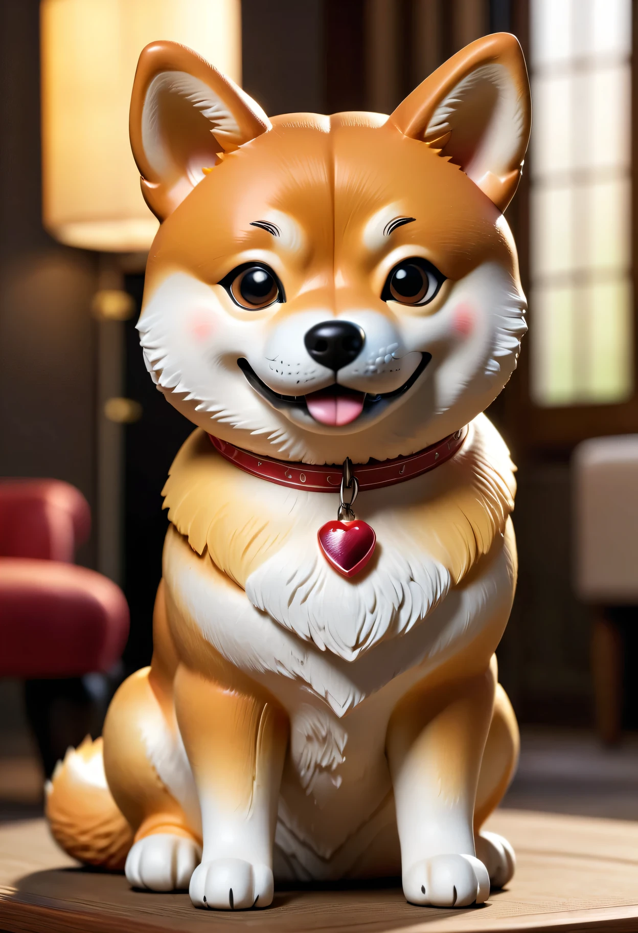 (highres, realistic:1.37), medium:3D rendering, adorable rubber Shiba Inu, lifelike details, glossy finish, vibrant colors, playful expression, perky ears, button-like eyes, detailed snout and mouth, intricate fur texture, sitting posture, soft curves, perfect proportions, expert craftsmanship, exquisite shadows and highlights, professional lighting, immersive depth, realistic surroundings, meticulous attention to every detail.