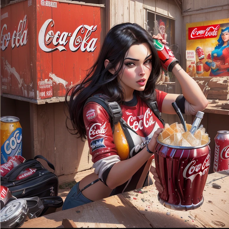 4k, comic babes, cartoon man holding a bottle of Coca-Cola and a Coca-Cola machine, ultra humorous oil painting, drinking a bottle of Coca-Cola, cartoon digital painting, by Eddie Mendoza, advertisement for Coca-Cola, hyperrealistic illustration, Cartoon Digital Painting Art, hyperrealistic illustration, CARTOON ART, hyperrealistic digital art, hyperrealistic art, funny art, highly realistic digital art, soda