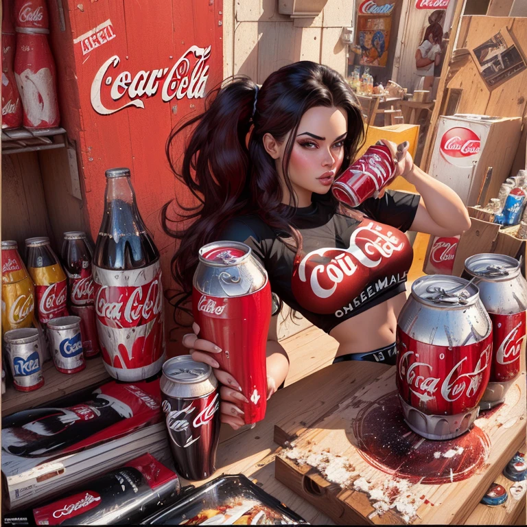 Beautiful woman defined detailed body using batman cosplay, big breasts, gotham city, night, drinking a bottle of coca-cola,